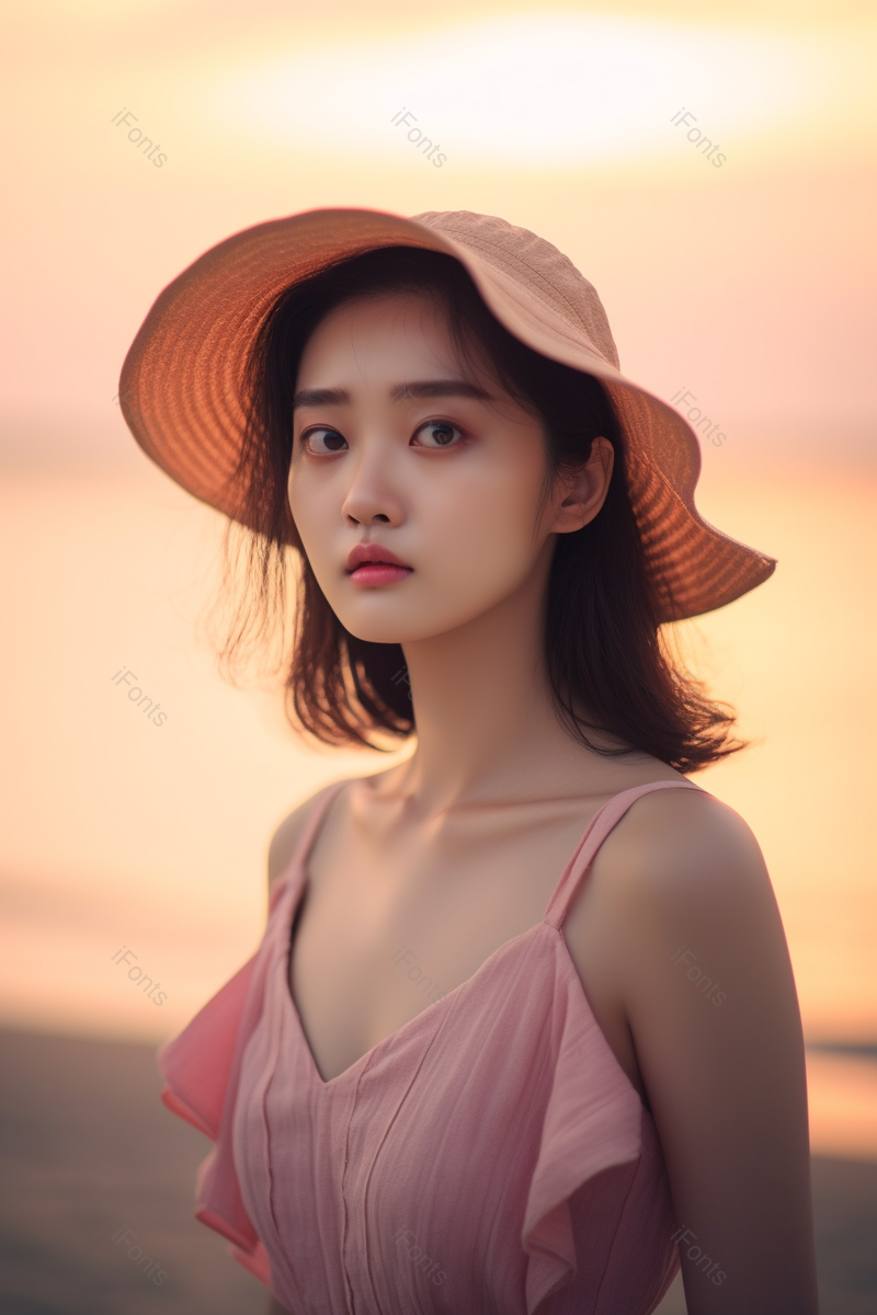 黄色日出海景海边年轻女性实拍,高清,摄影图,摄影图片,图片大全,摄影图免费下载